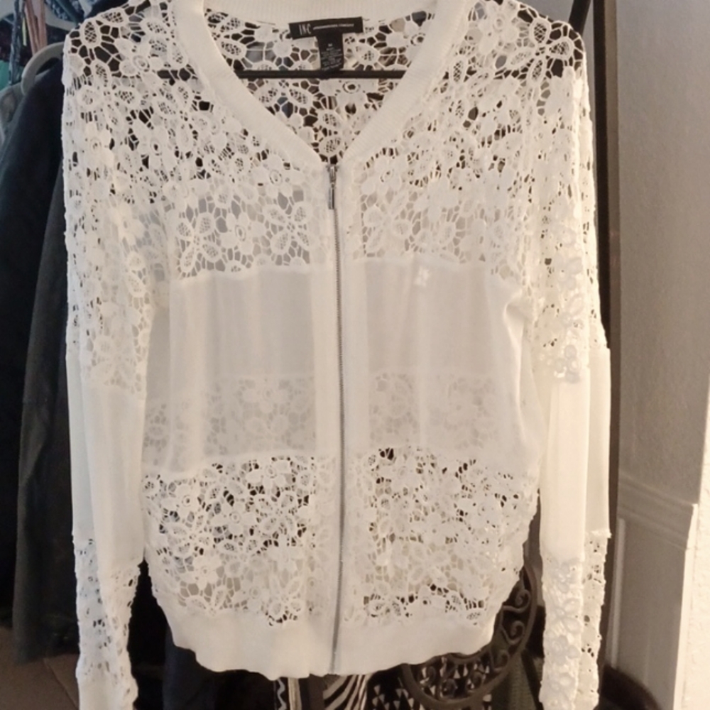 INC crochet zip up jacket/ cardigan cream size medium
